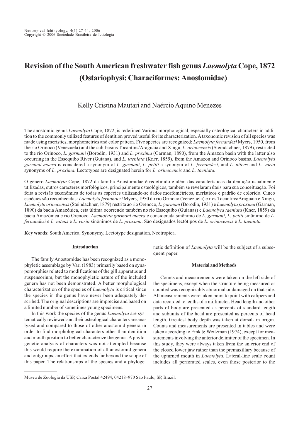 Revision of the South American Freshwater Fish Genus Laemolyta Cope, 1872 (Ostariophysi: Characiformes: Anostomidae)