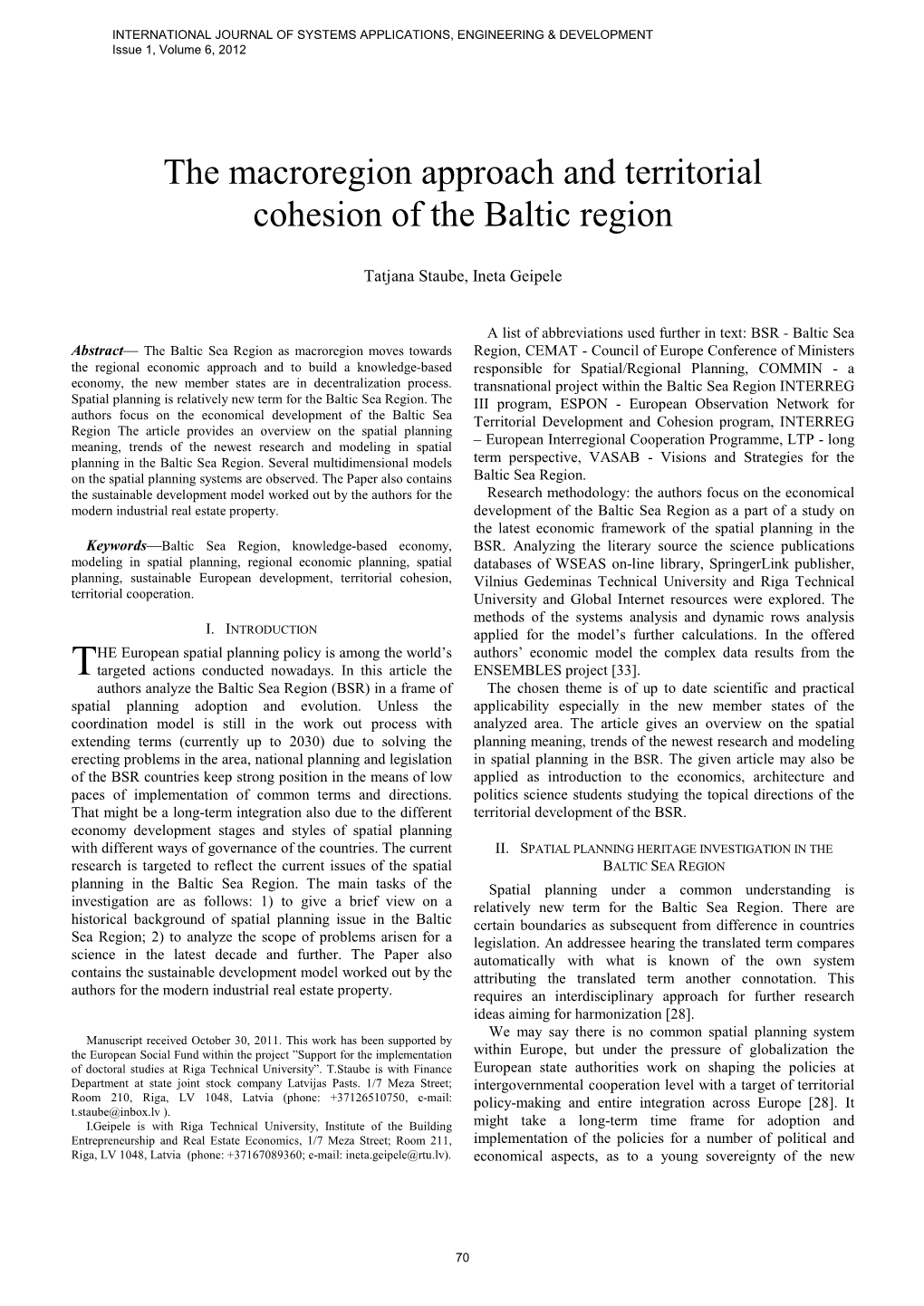 The Macroregion Approach and Territorial Cohesion of the Baltic Region