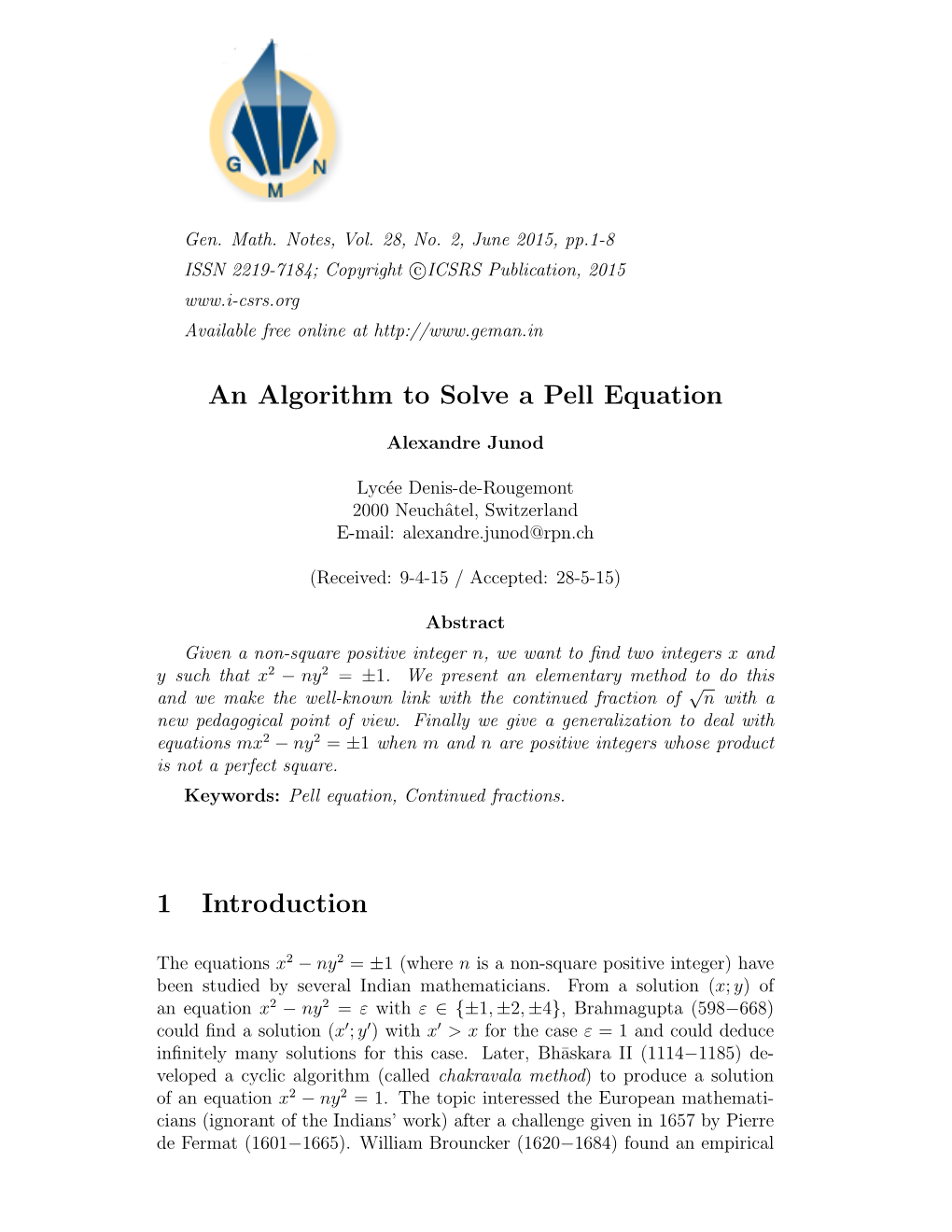 An Algorithm to Solve a Pell Equation 1 Introduction