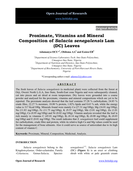 Proximate, Vitamins and Mineral Composition of Salacia Senegalensis Lam (DC) Leaves Adumanya OCU*1, Obiloma AA2 and Essien EB3