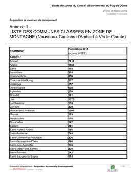 Annexe 1 - LISTE DES COMMUNES CLASSEES EN ZONE DE MONTAGNE (Nouveaux Cantons D'ambert À Vic-Le-Comte)