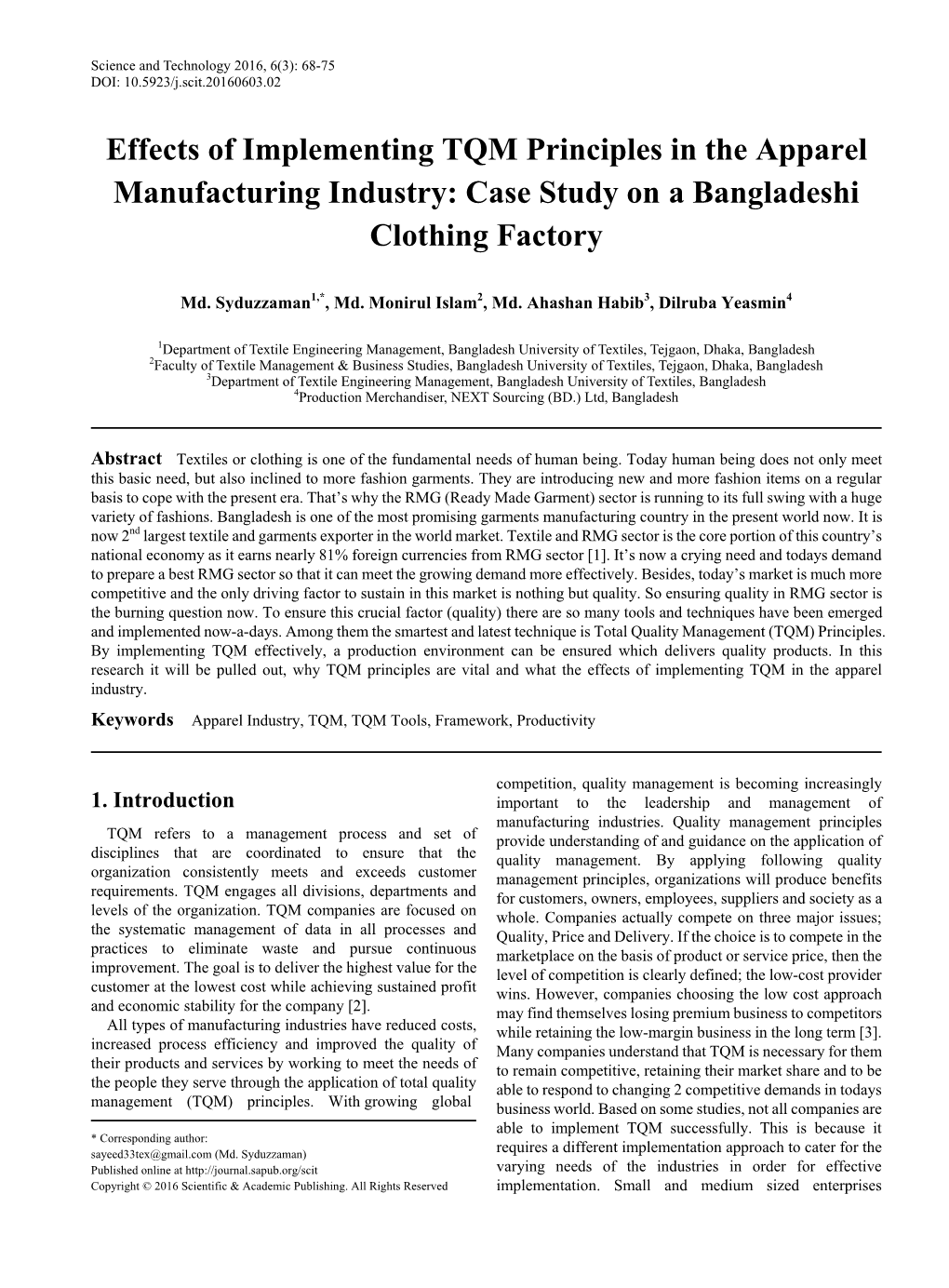 Effects of Implementing TQM Principles in the Apparel Manufacturing Industry: Case Study on a Bangladeshi Clothing Factory