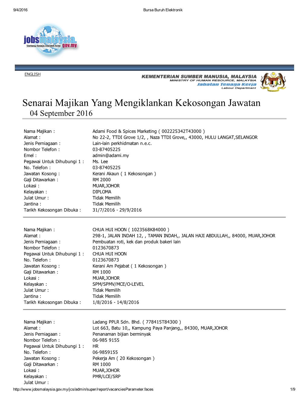 Senarai Majikan Yang Mengiklankan Kekosongan Jawatan 04 September 2016