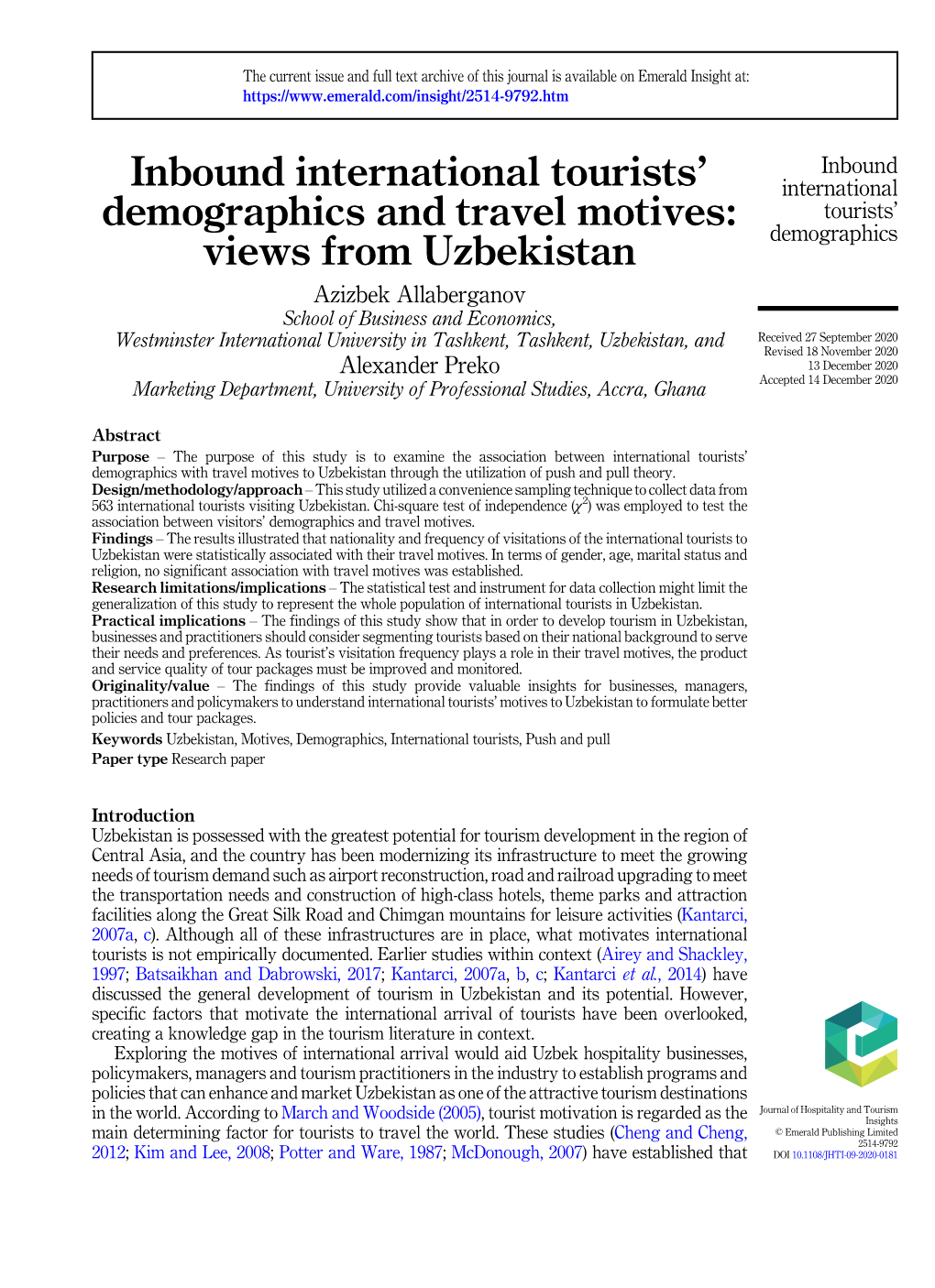 Inbound International Tourists' Demographics and Travel Motives