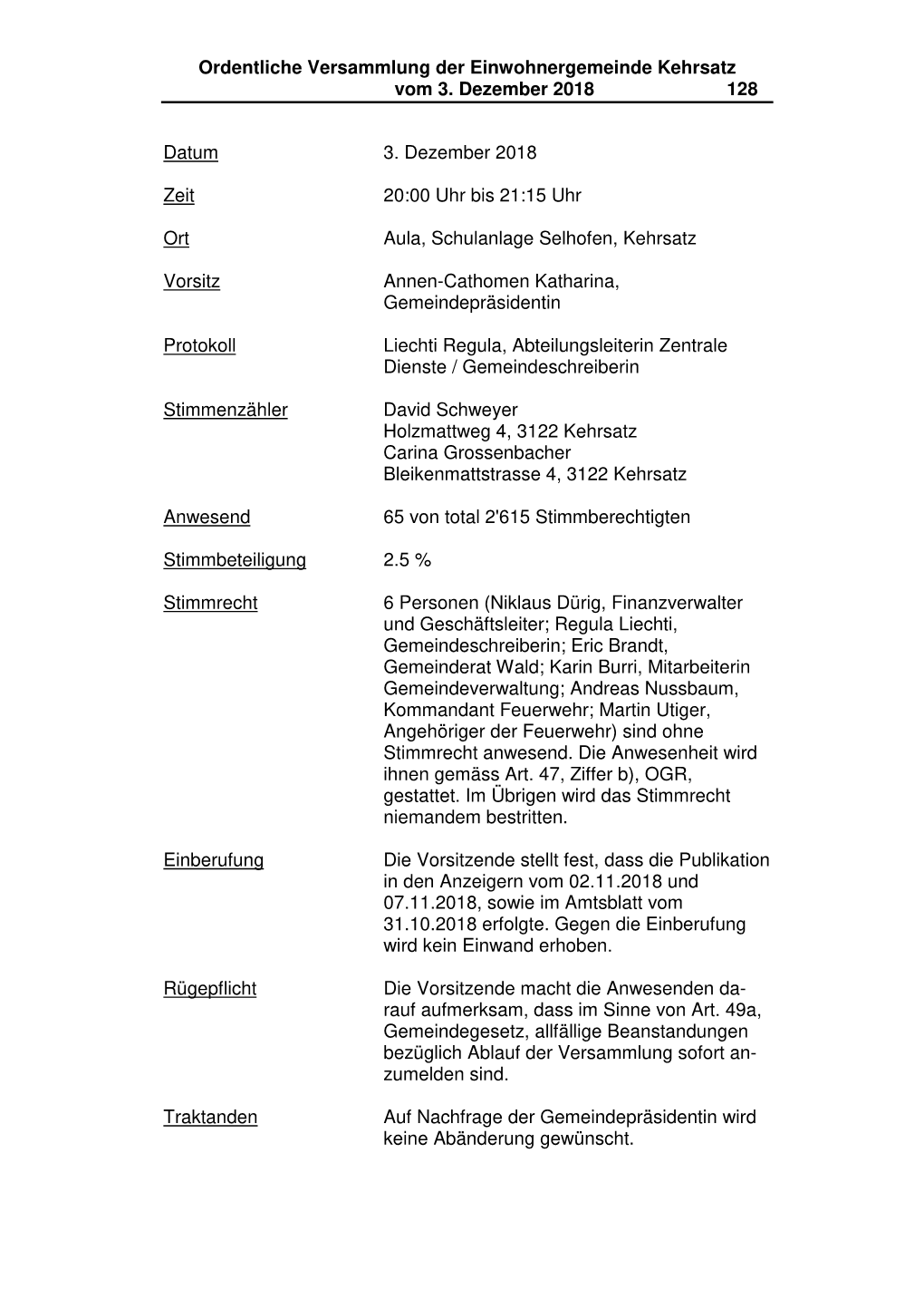 Ordentliche Versammlung Der Einwohnergemeinde Kehrsatz Vom 3