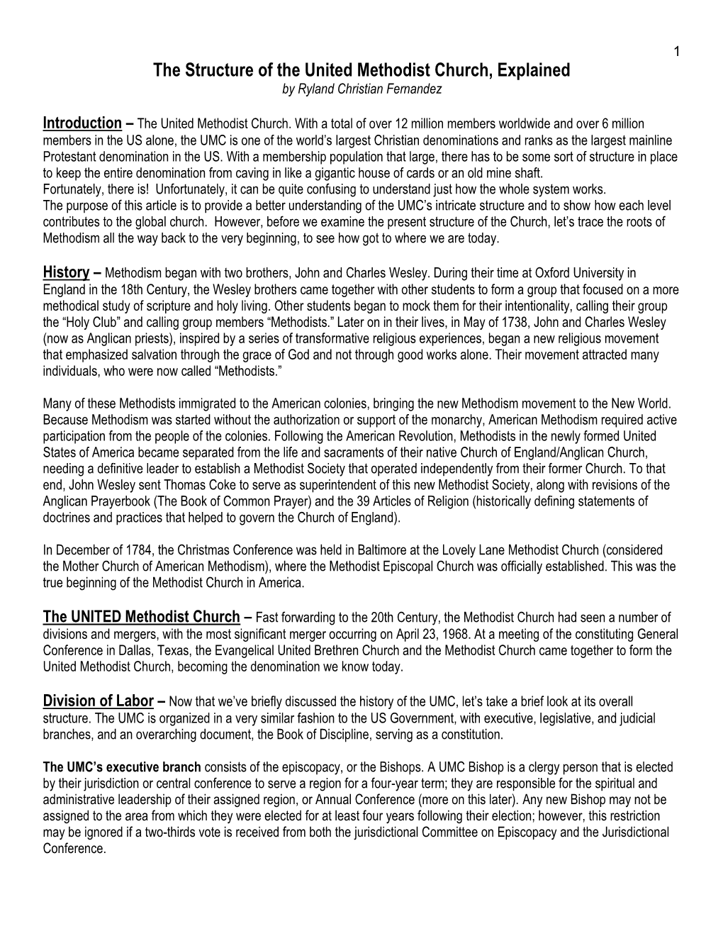 The Structure of the United Methodist Church, Explained by Ryland Christian Fernandez