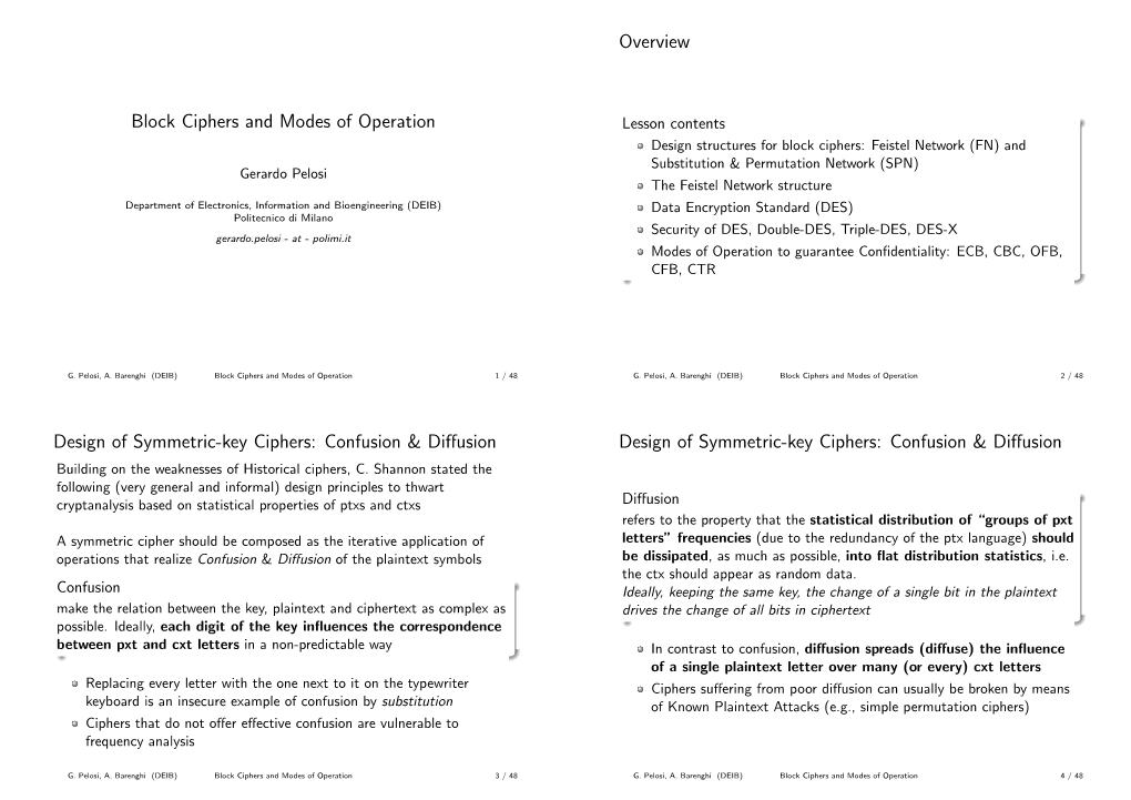 Block Ciphers and Modes of Operation