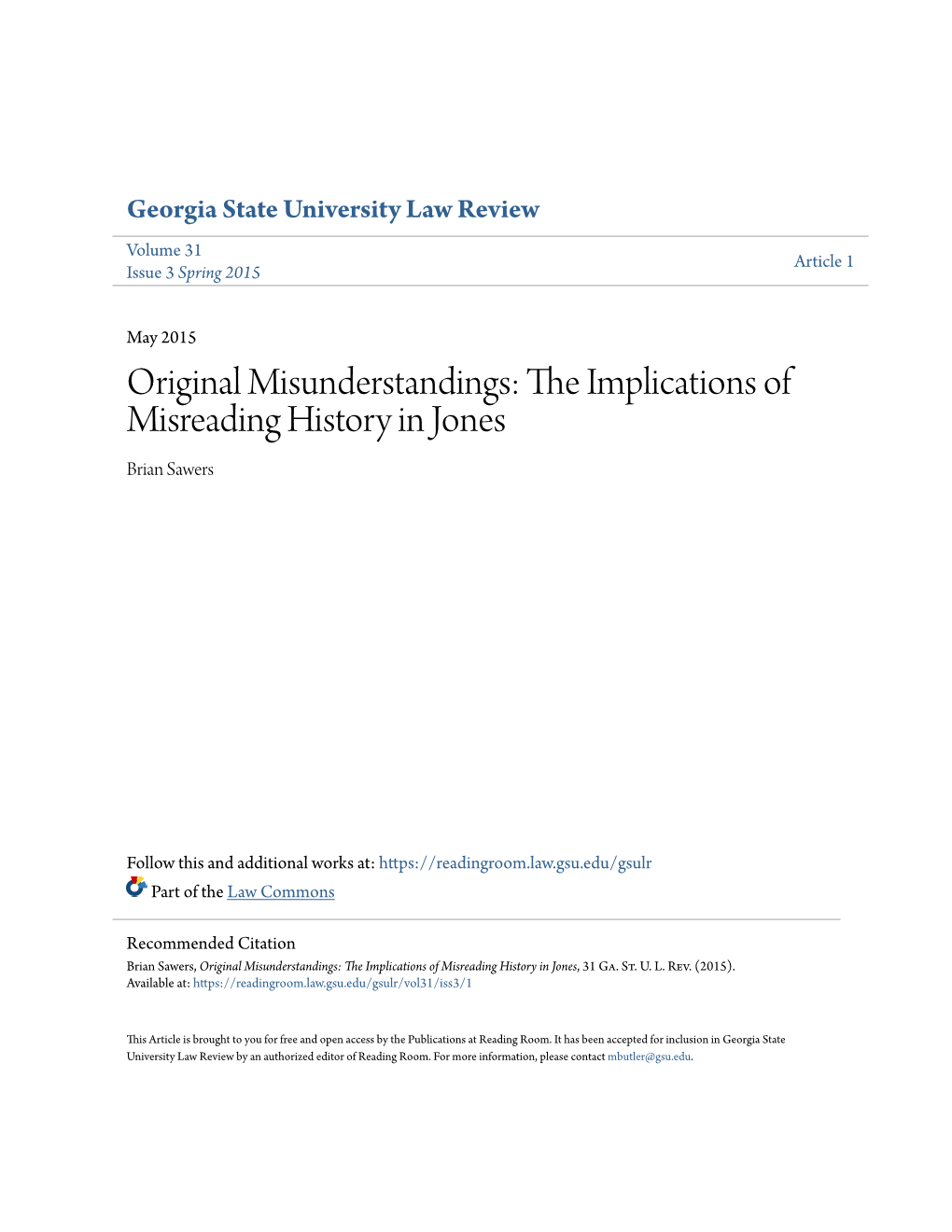 Original Misunderstandings: the Mplici Ations of Misreading History in Jones Brian Sawers