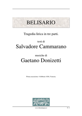 BELISARIO Salvadore Cammarano Gaetano Donizetti