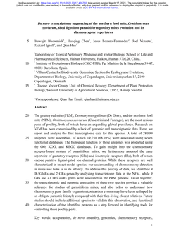 De Novo Transcriptome Sequencing of the Northern Fowl Mite