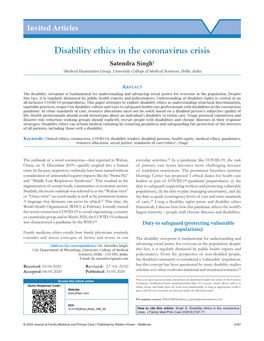 Disability Ethics in the Coronavirus Crisis Satendra Singh1 1Medical Humanities Group, University College of Medical Sciences, Delhi, India