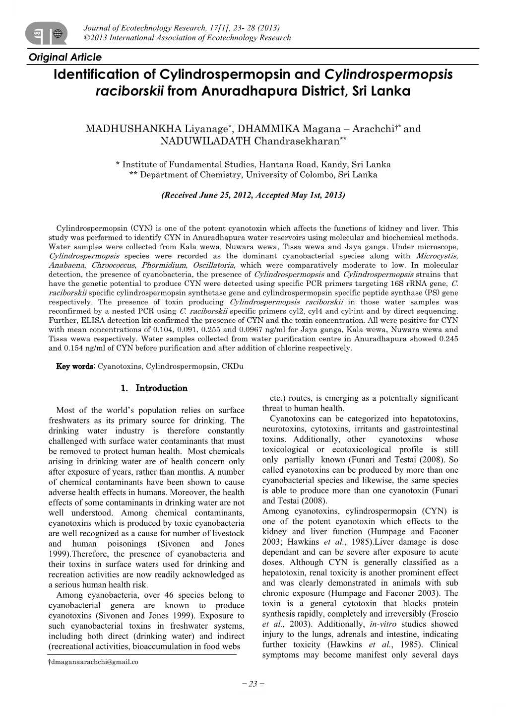 Identification of Cylindrospermopsin and Cylindrospermopsis Raciborskii from Anuradhapura District, Sri Lanka