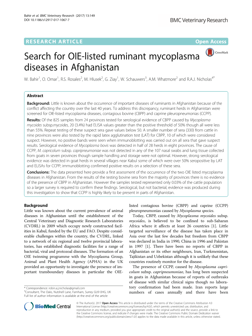 Search for OIE-Listed Ruminant Mycoplasma Diseases in Afghanistan W