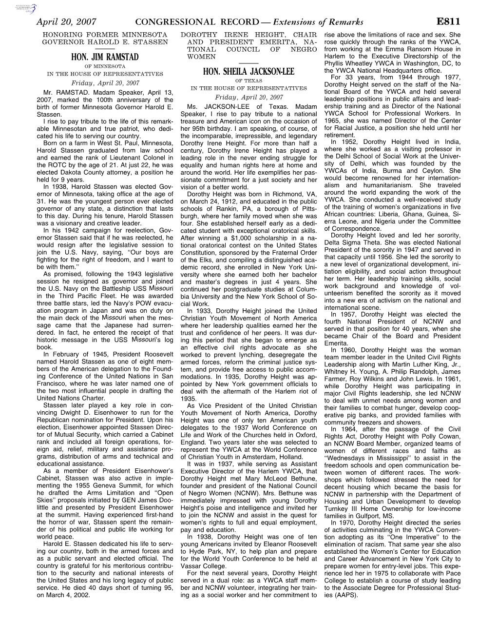 CONGRESSIONAL RECORD— Extensions of Remarks E811 HON. JIM RAMSTAD HON. SHEILA JACKSON-LEE