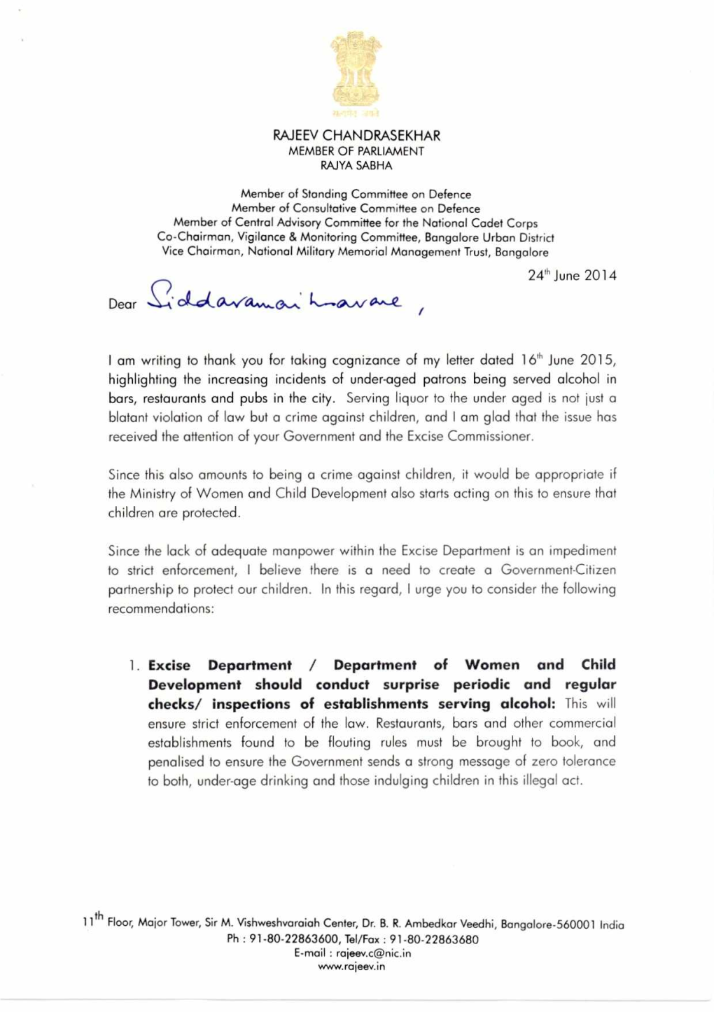 RAJEEV CHANDRASEKHAR 24'H June 2014 I Am Writing to Thank You