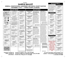 SAMPLE BALLOT This Is a Universal Sample STATE REPRESENTATIVE Ballot* and Contains All Races