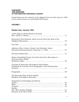 1 CONTENTS the REGISTER Listed Below Are the Contents of the Register from the First Issue in 1903 to the Current Issue in A