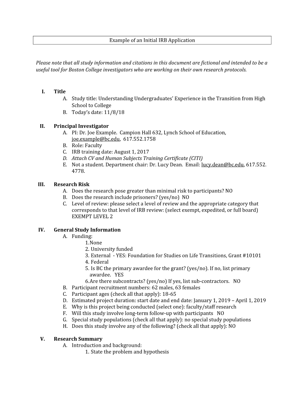 Example of an Initial IRB Application Please Note That All Study Information and Citations in This Document Are Fictional and In