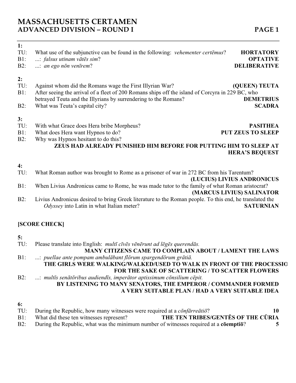 Massachusetts Certamen Advanced Division – Round I Page 1