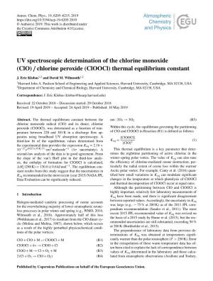 UV Spectroscopic Determination of the Chlorine Monoxide (Clo)/Chlorine Peroxide (Cloocl) Thermal Equilibrium Constant