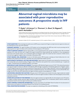 Abnormal Vaginal Microbiota May Be Associated with Poor Reproductive Outcomes: a Prospective Study in IVF Patients Downloaded from T