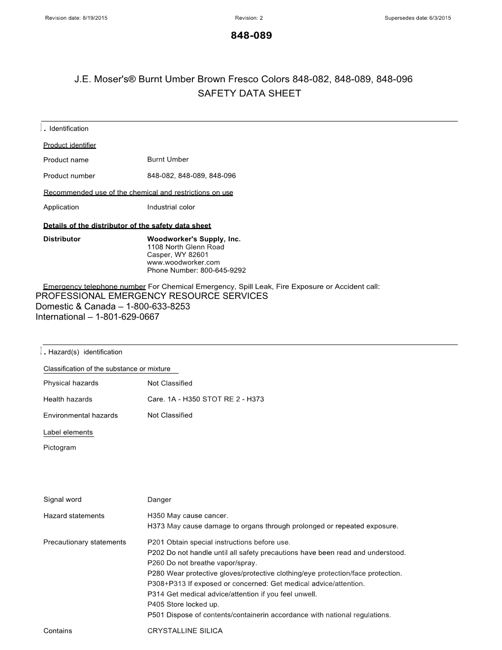 J.E. Moser's® Burnt Umber Brown Fresco Colors 848-082, 848-089, 848-096 SAFETY DATA SHEET