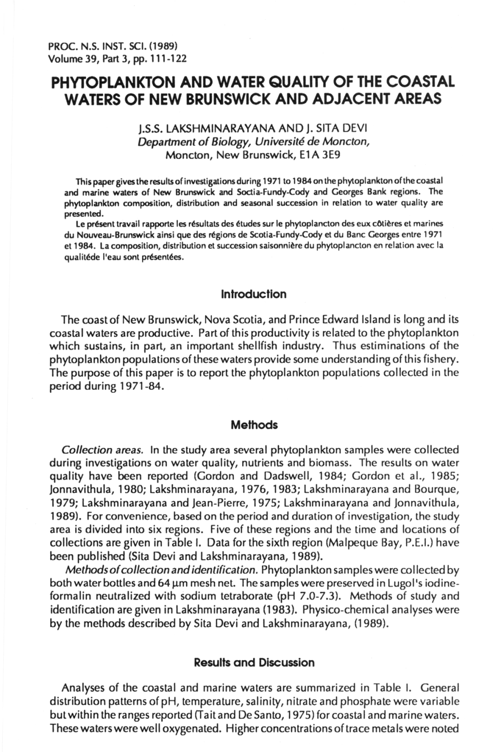 Phytoplankton and Water Quality of the Coastal Waters of New Brunswick and Adjacent Areas