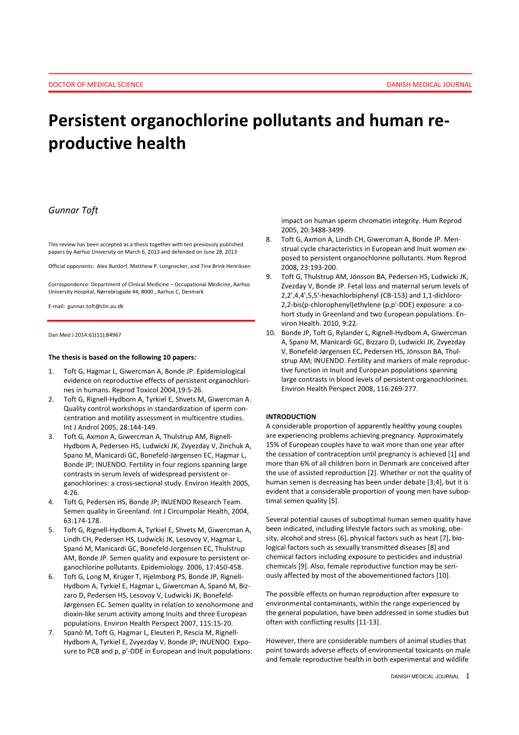 Persistent Organochlorine Pollutants and Human Re- Productive Health