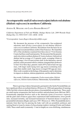Evalea Tenuisculpta) Infects Red Abalone (Haliotis Rufescens) in Northern California