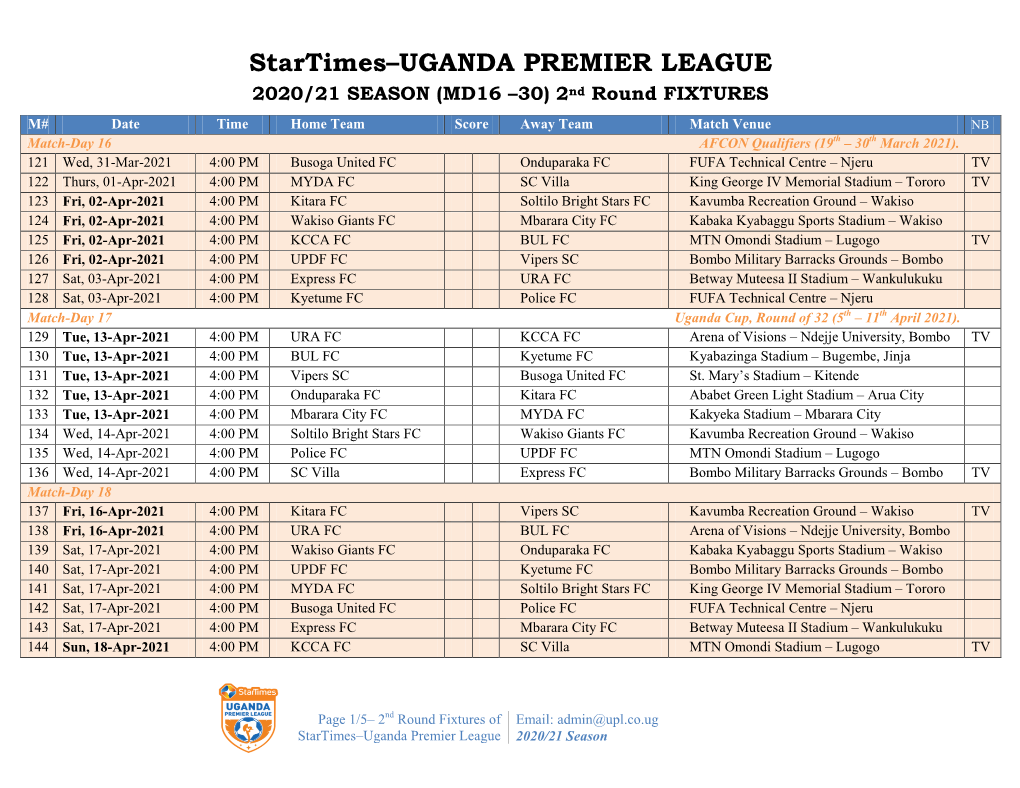 2020-21 Season SUPL Fixtures