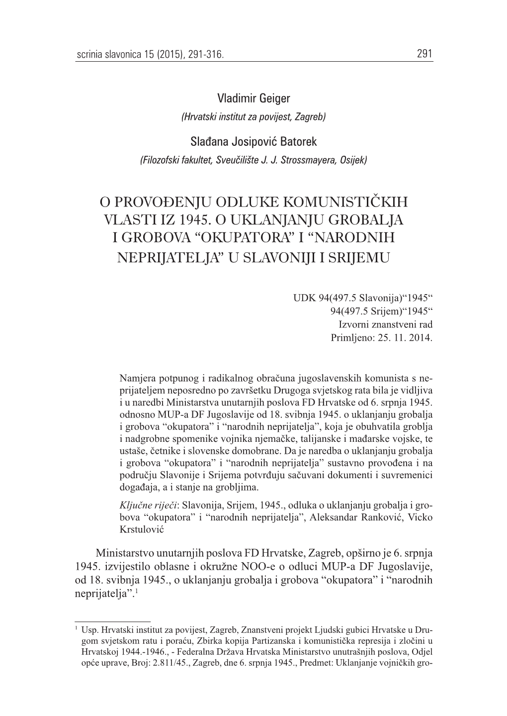 “Okupatora” I “Narodnih Neprijatelja” U Slavoniji I Srijemu