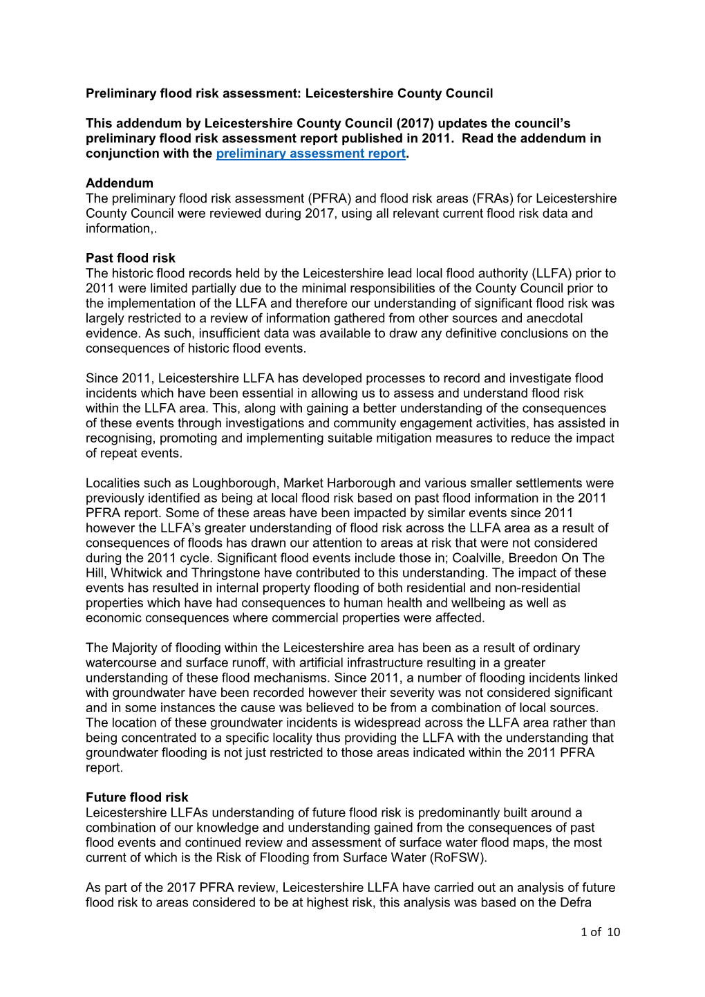 1 of 10 Preliminary Flood Risk Assessment