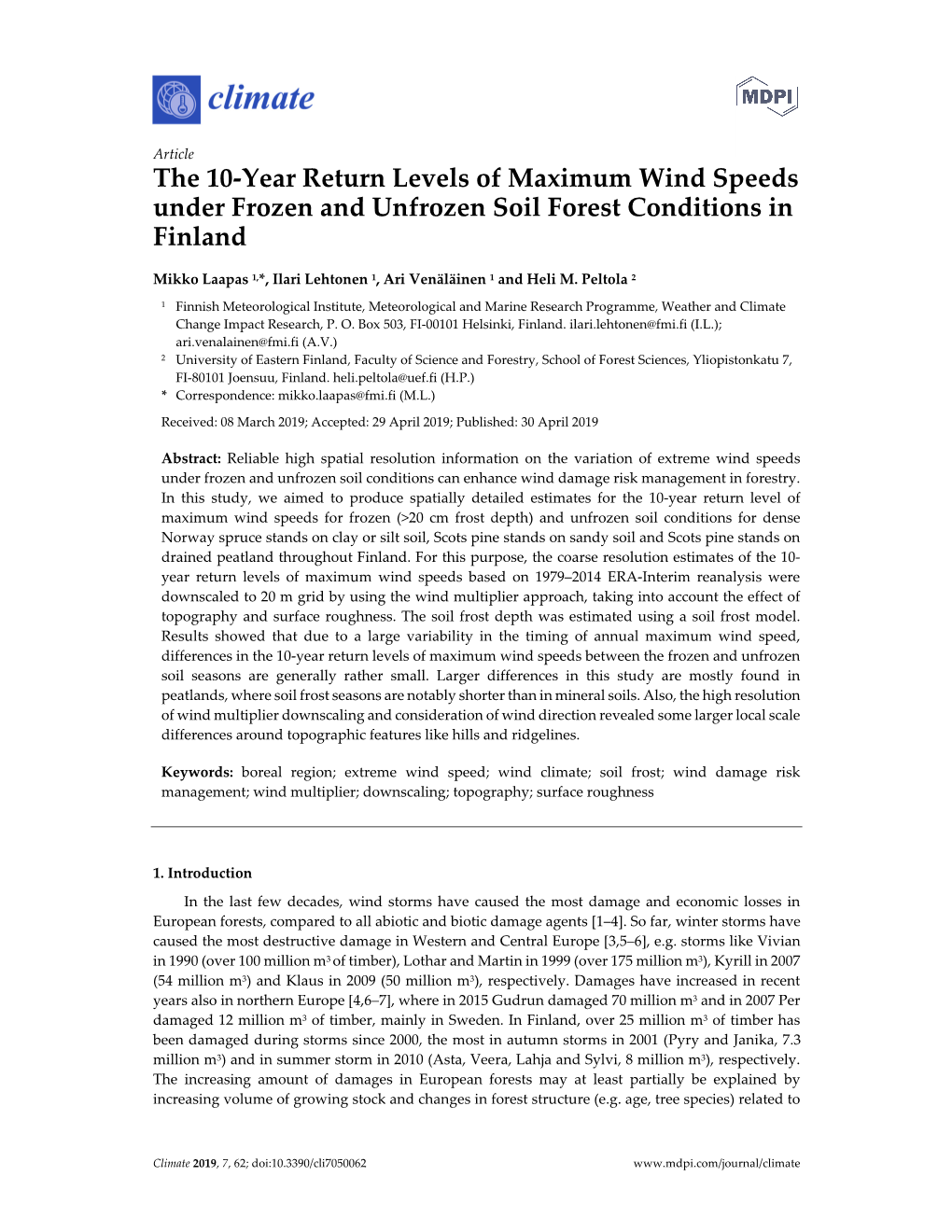 The 10-Year Return Levels of Maximum Wind Speeds Under Frozen and Unfrozen Soil Forest Conditions in Finland