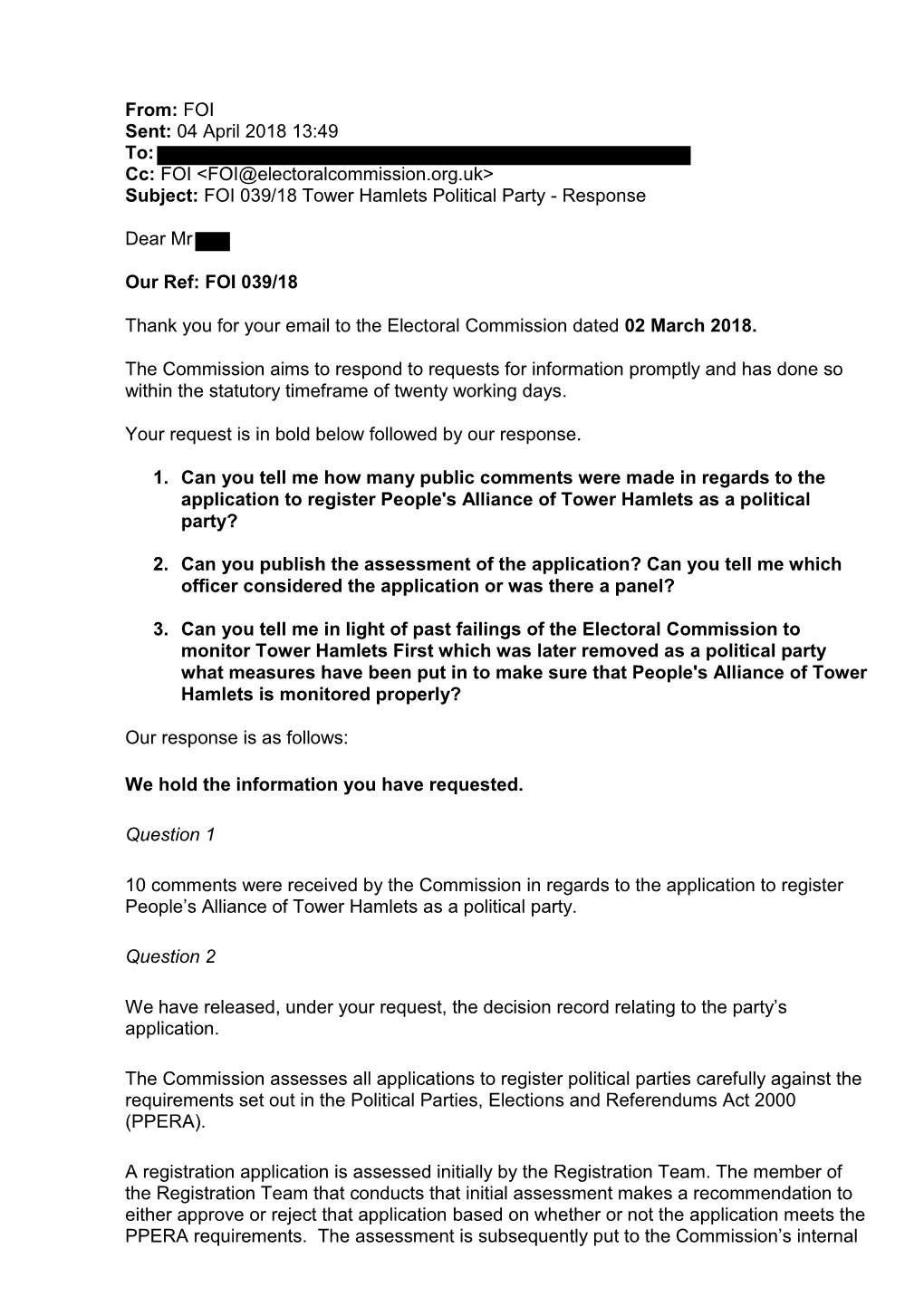 <FOI@Electoralcommission.Org.Uk> Subject: FOI 039/18 Tower