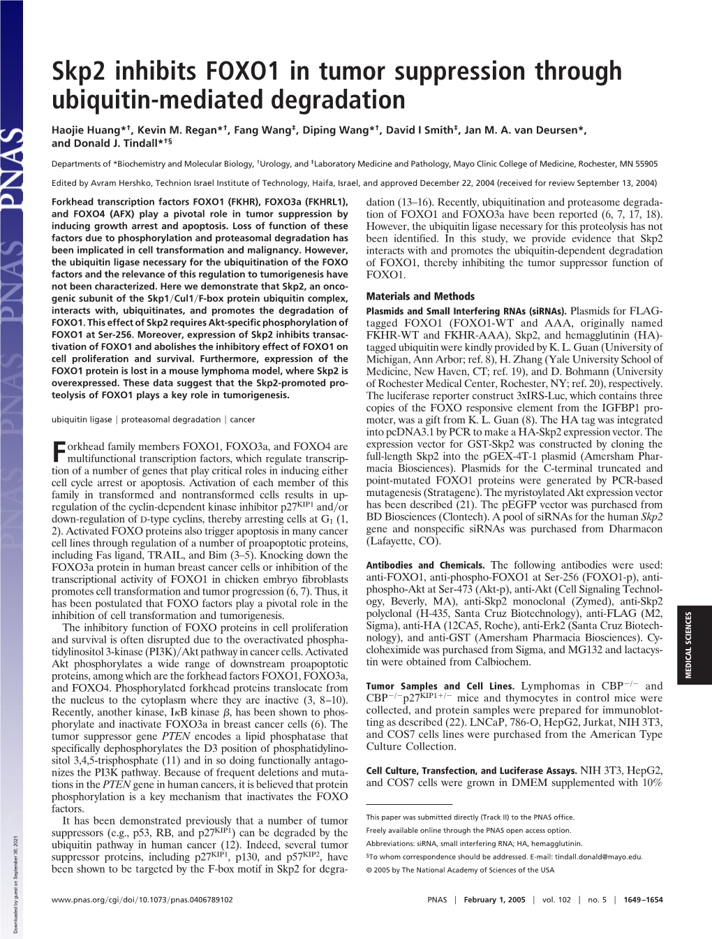 Skp2 Inhibits FOXO1 in Tumor Suppression Through Ubiquitin-Mediated Degradation