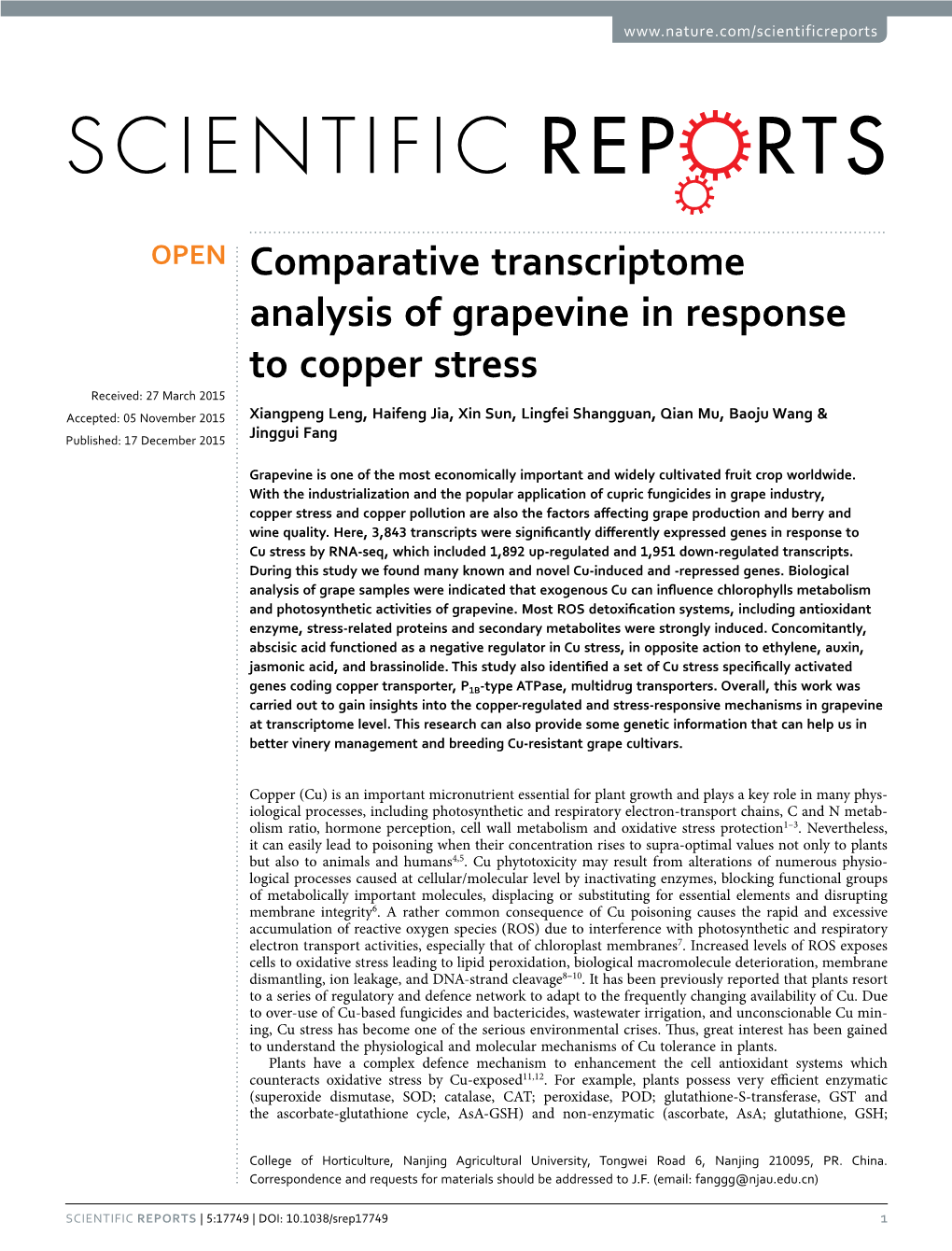 Comparative Transcriptome Analysis of Grapevine in Response to Copper