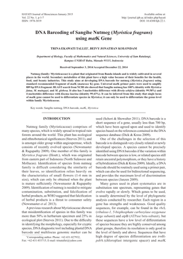 DNA Barcoding of Sangihe Nutmeg (Myristica Fragrans) Using Matk Gene