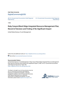 Ruby Canyon/Black Ridge Integrated Resource Management Plan, Record of Decision and Finding of No Significant Impact