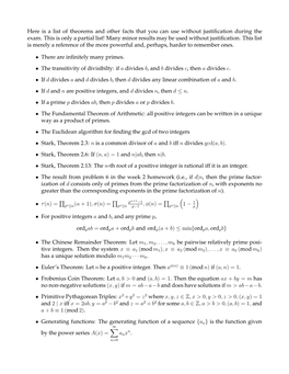 Here Is a List of Theorems and Other Facts That You Can Use Without Justiﬁcation During the Exam
