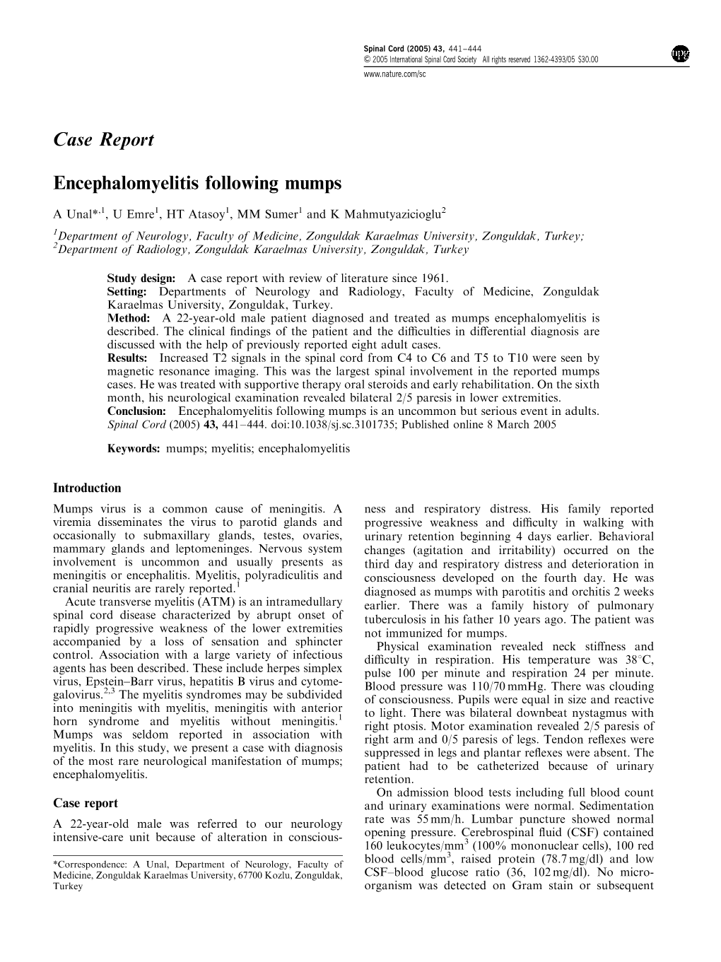 Case Report Encephalomyelitis Following Mumps