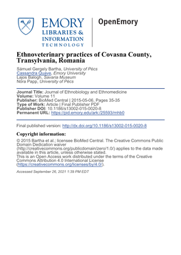 Ethnoveterinary Practices of Covasna County