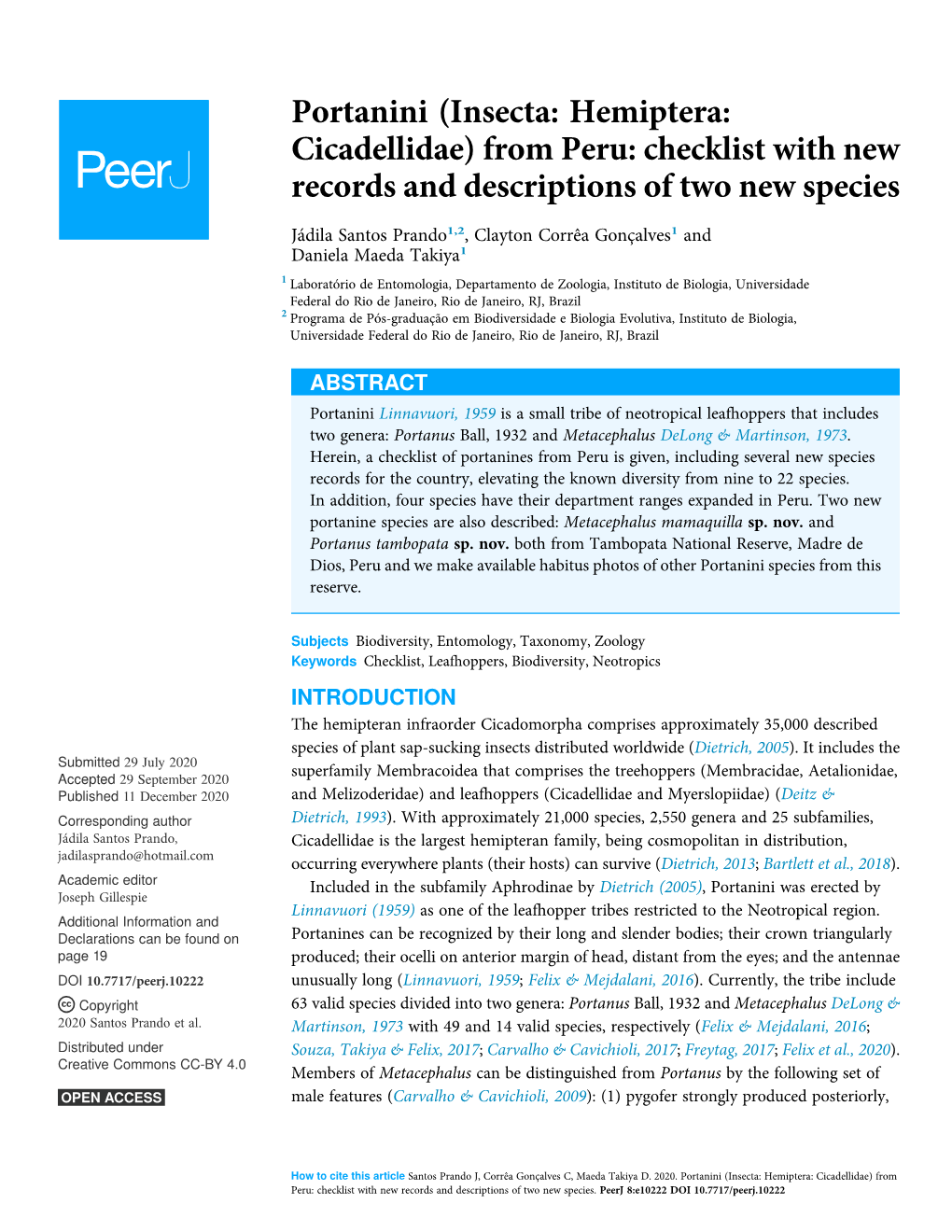 Insecta: Hemiptera: Cicadellidae) from Peru: Checklist with New Records and Descriptions of Two New Species