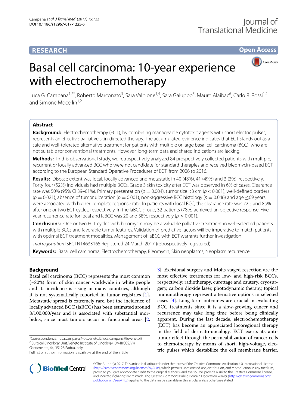 Basal Cell Carcinoma: 10‑Year Experience with Electrochemotherapy Luca G