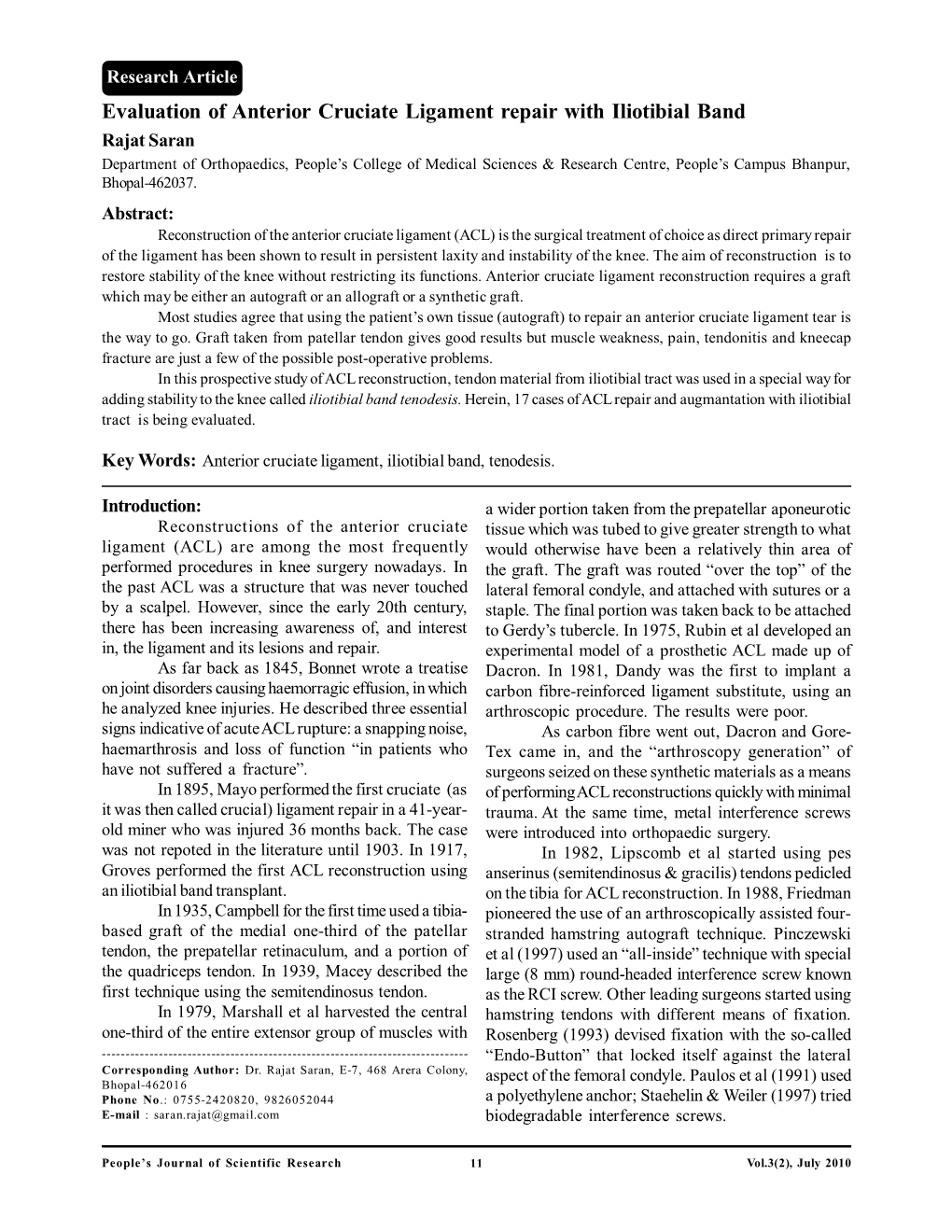 Evaluation of Anterior Cruciate Ligament Repair with Iliotibial Band