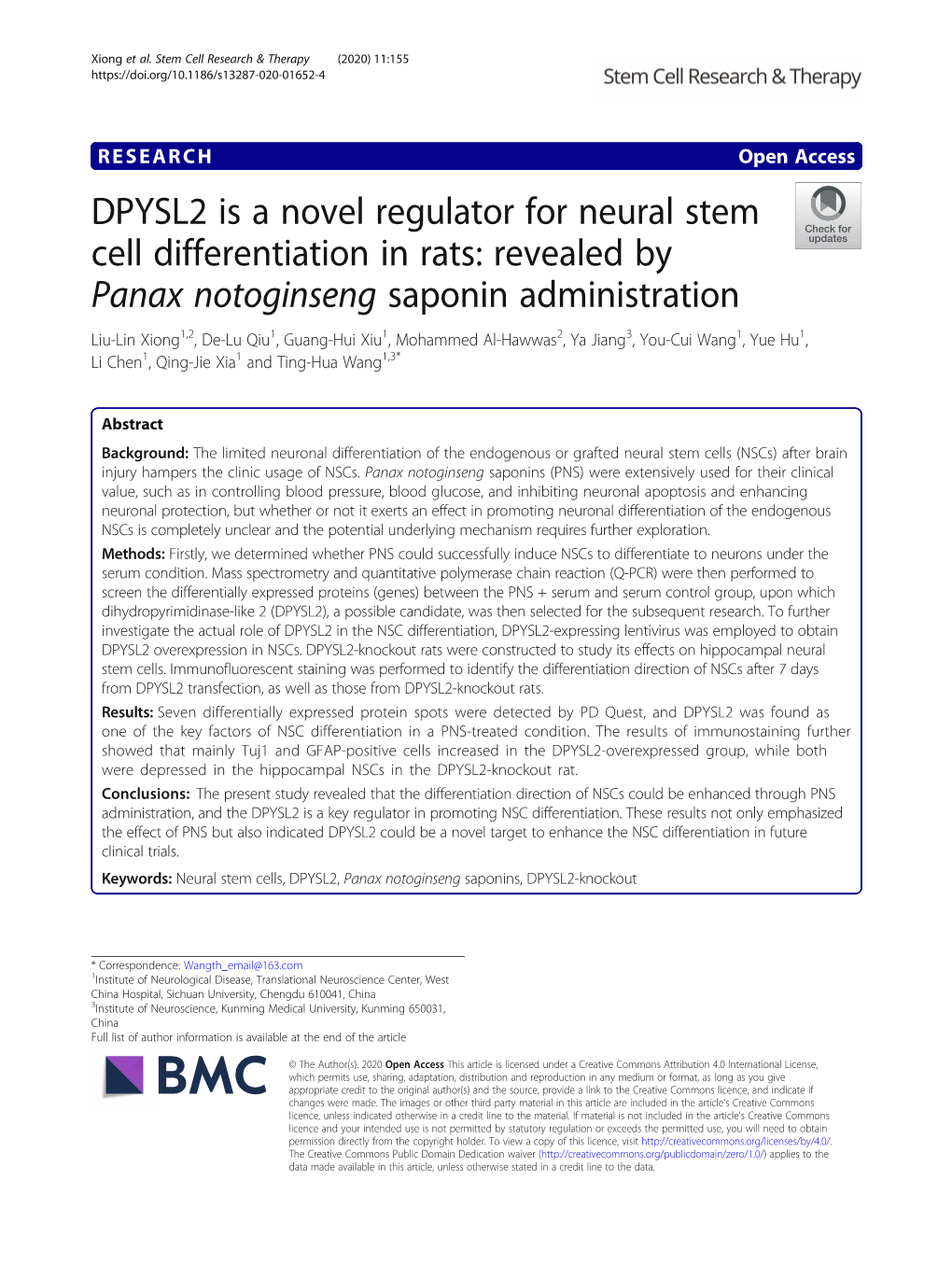 DPYSL2 Is a Novel Regulator for Neural Stem Cell Differentiation in Rats
