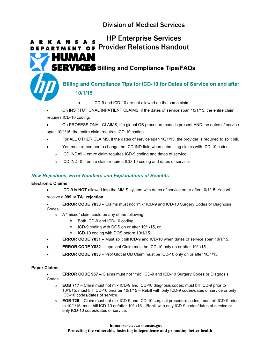 ICD-10 Billing Tips/FAQ Handout