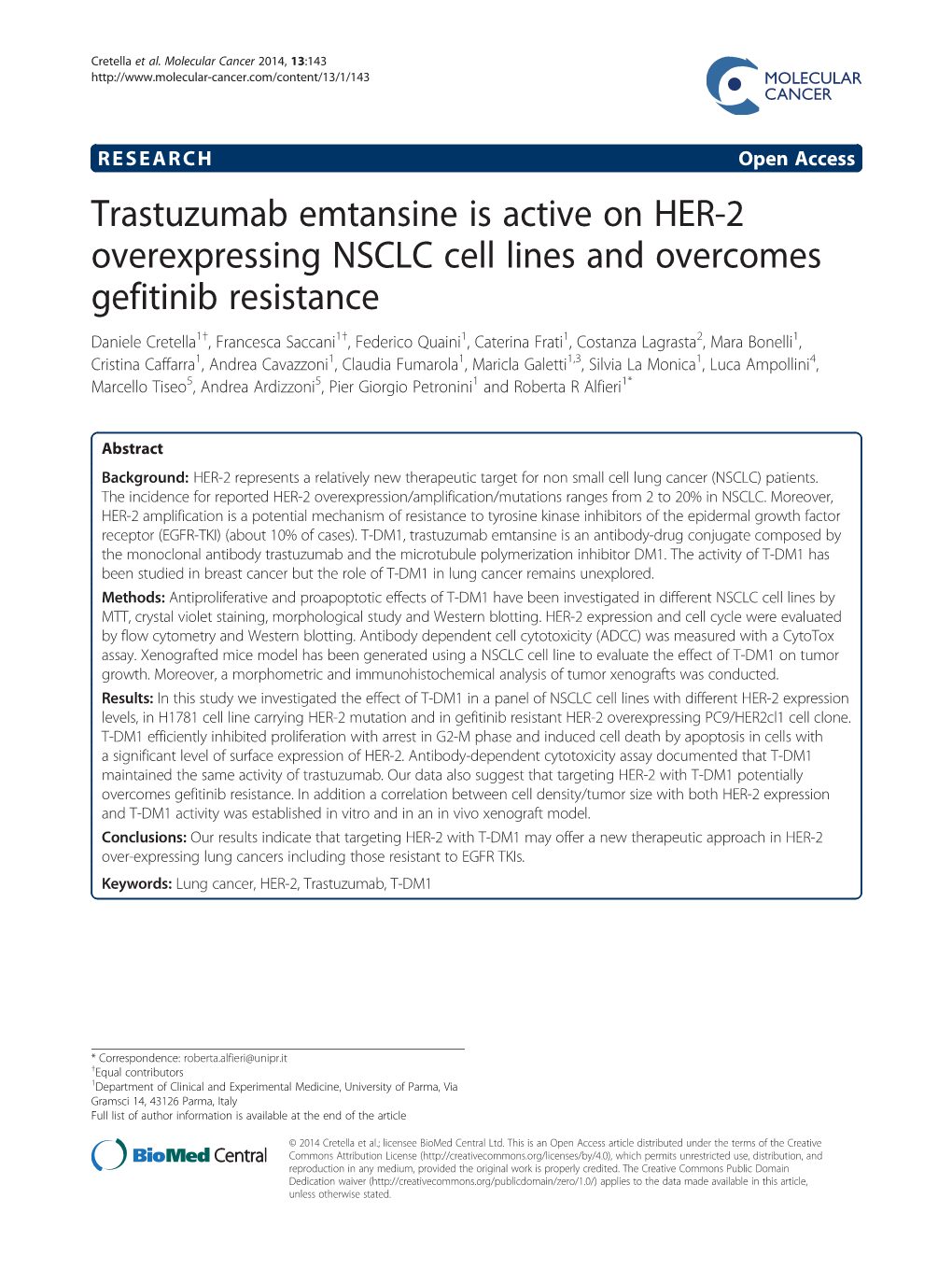 Trastuzumab Emtansine Is Active on HER-2 Overexpressing NSCLC Cell