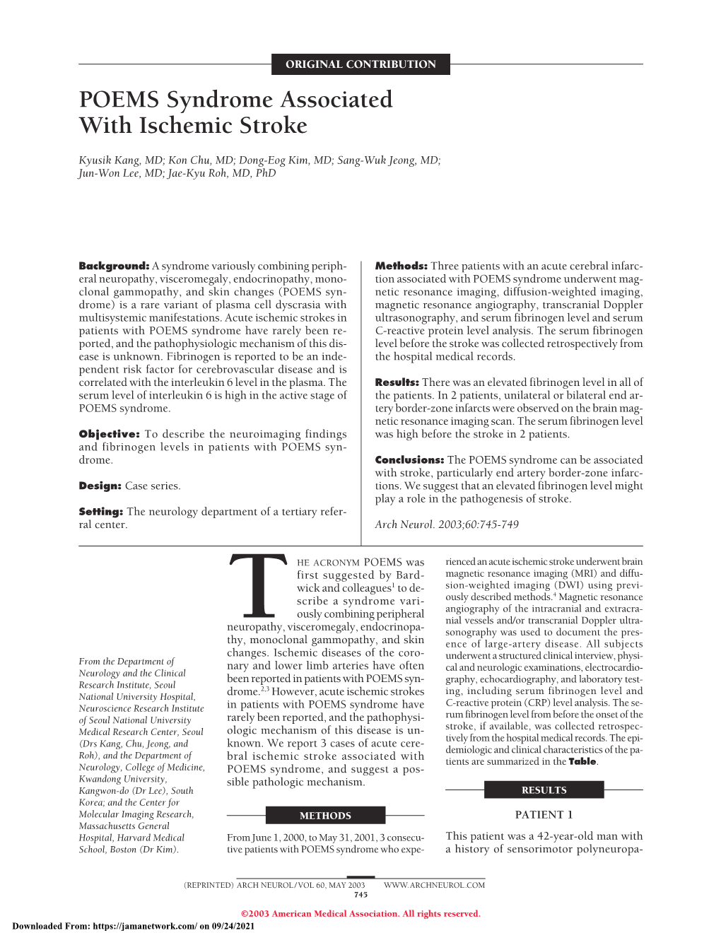 POEMS Syndrome Associated with Ischemic Stroke