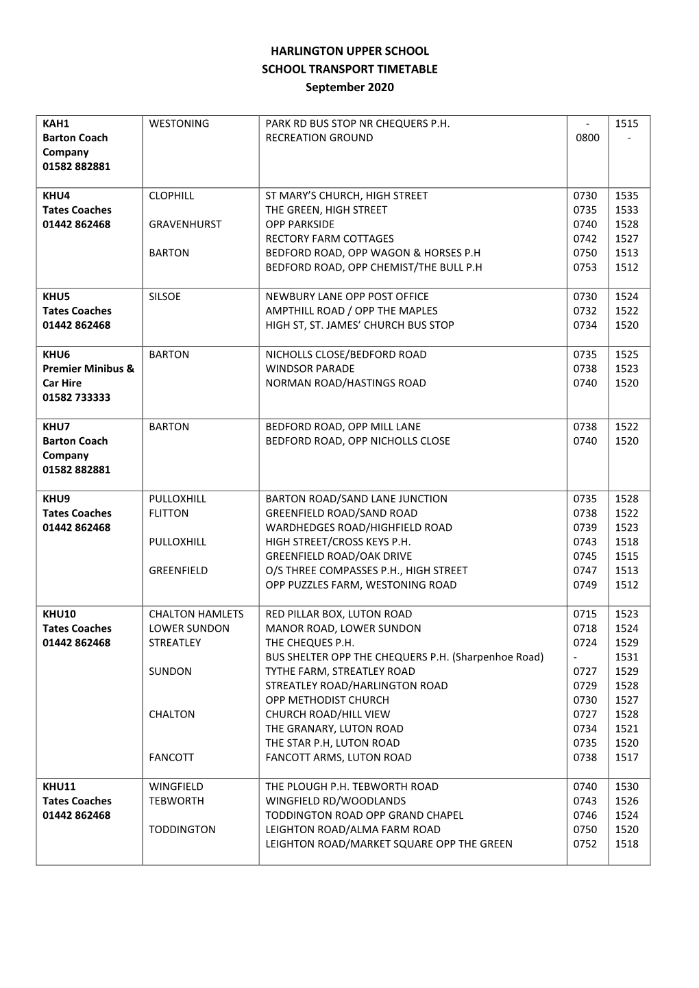 HARLINGTON UPPER SCHOOL SCHOOL TRANSPORT TIMETABLE September 2020