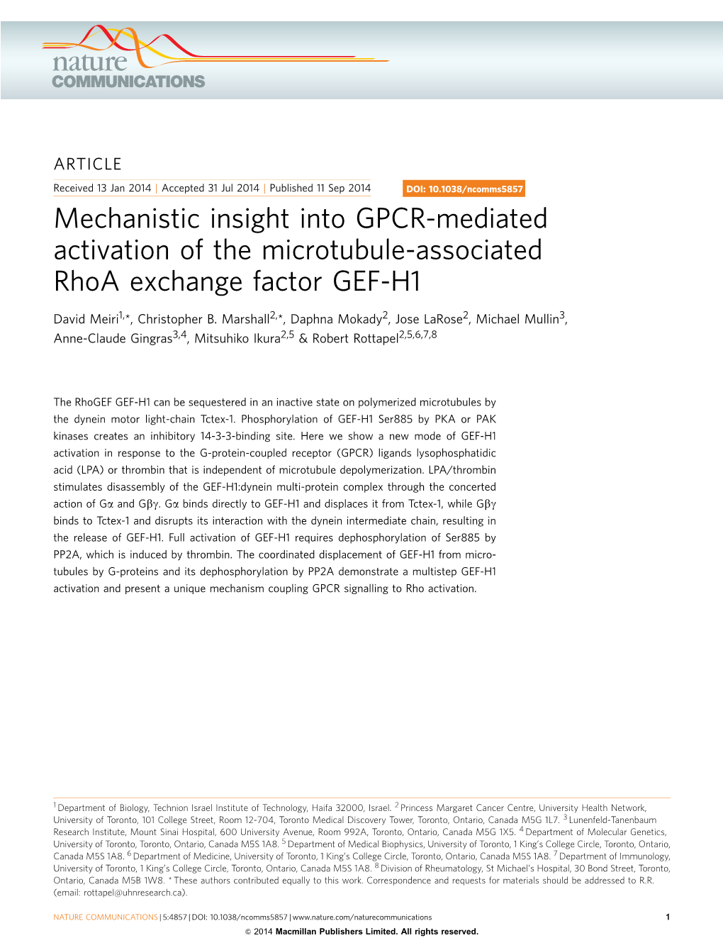 Mechanistic Insight Into GPCR-Mediated Activation of the Microtubule-Associated Rhoa Exchange Factor GEF-H1